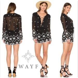 WAYF Black White Embroidered Long Sleeve Romper XS Lace Up V Neck
